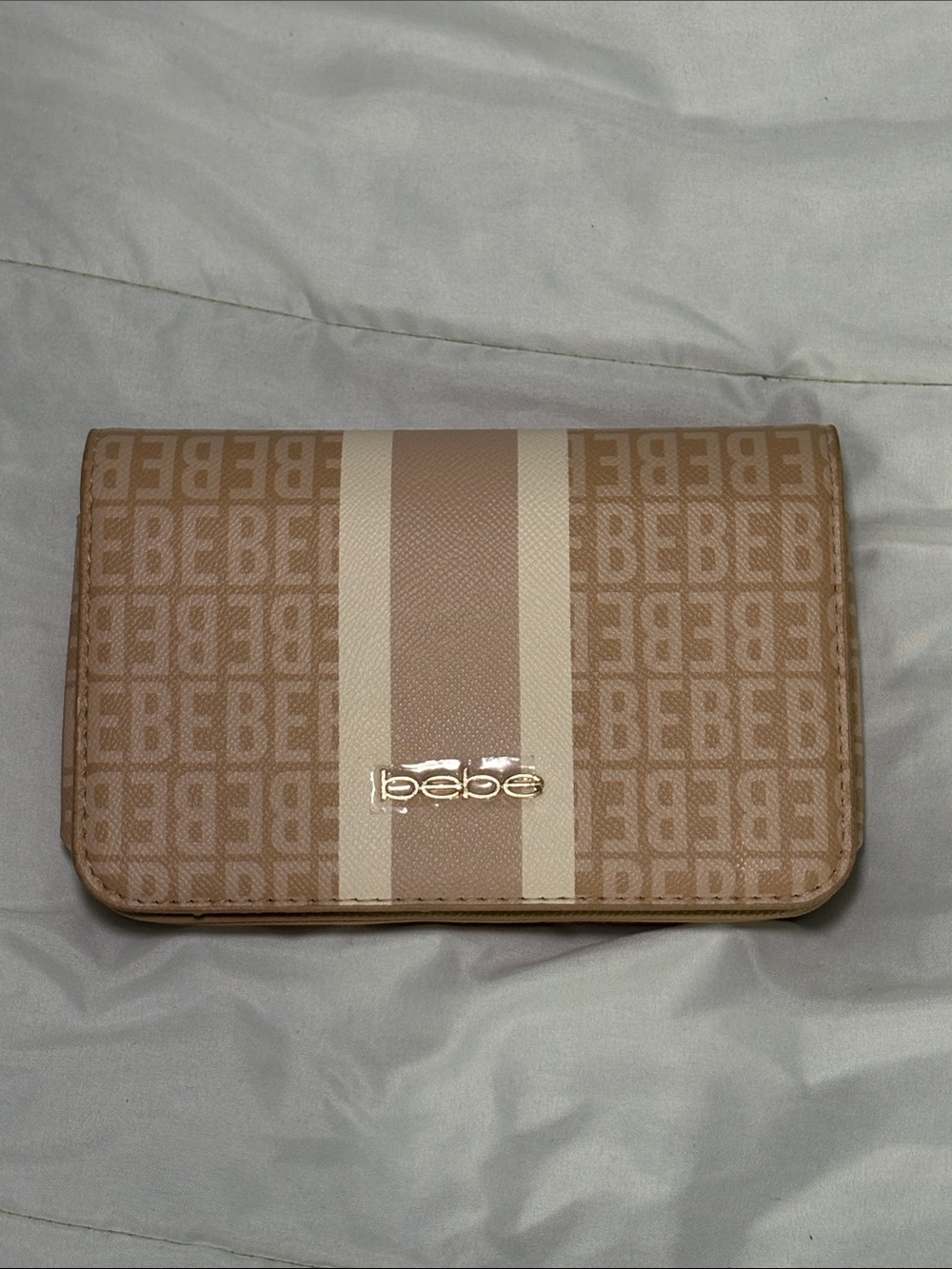 bebe Beige & Cream Logo Stripe Card Wallet